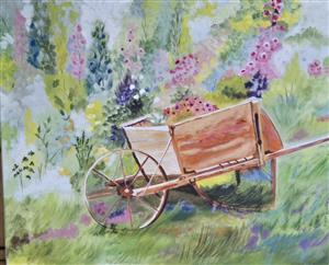 painting of wheelbarrow and spring flowers